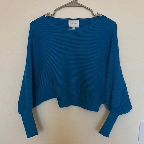 Pink Rose Sweaters - Pink Rose Blue Ribbed Balloon Sleeve Sweater